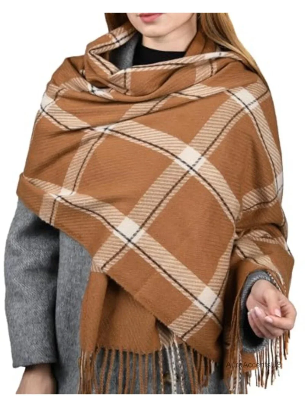 Oversized Plaid Tassel Shawl Wrap Scarf for Women
